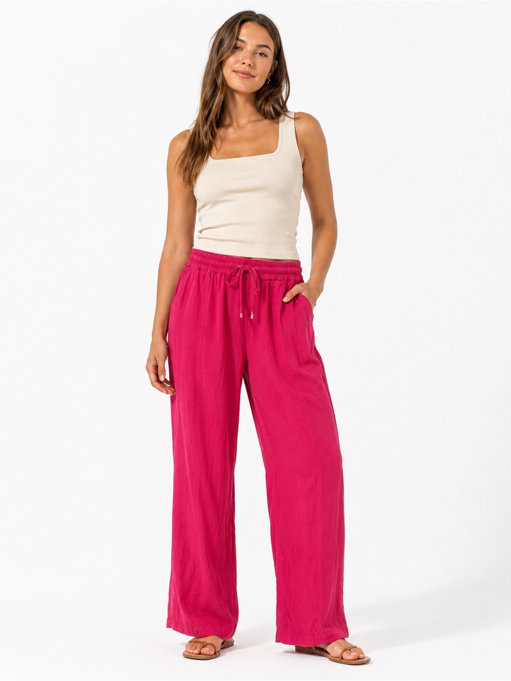 YFB Fuchsia Pink Wide Leg Drawstring Pants Size Medium Pull On Casual Resort